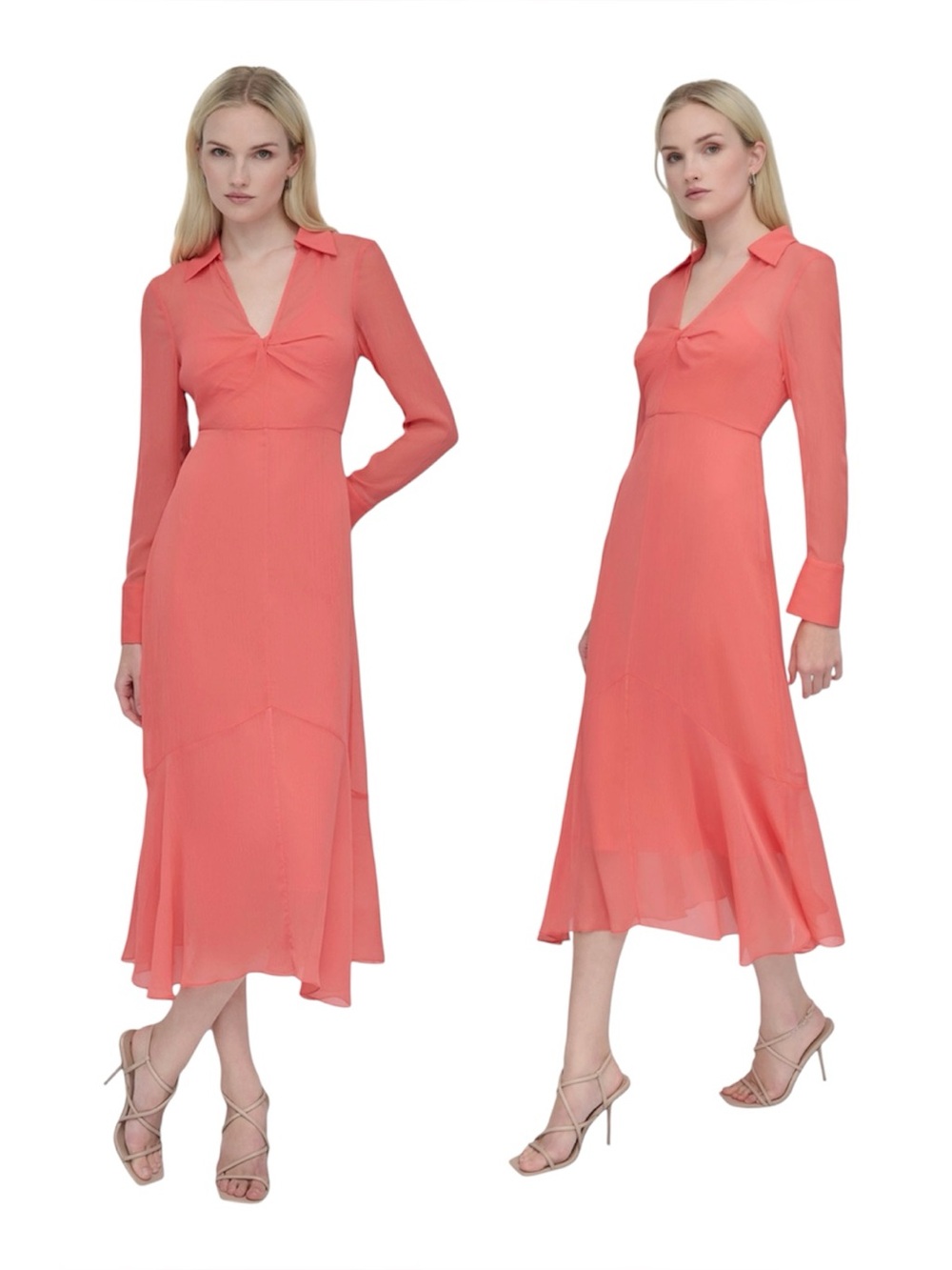 DKNY Collared V-Neck Long-Sleeve Chiffon Dress - Coral Crush Size 8